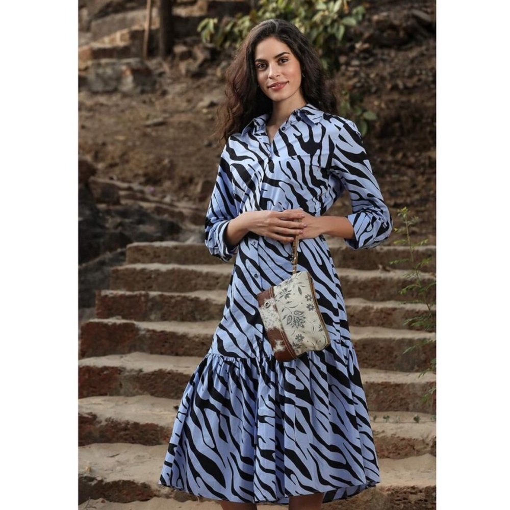 ZARA POWDER BLUE & BLACK ZEBRA ANIMAL PRINT LONG SHIRT STYLE MIDI DRESS SIZE XS